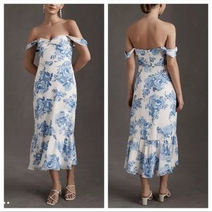 BHLDN Georgette dress from Anthropologie. Blue Motif pattern/color